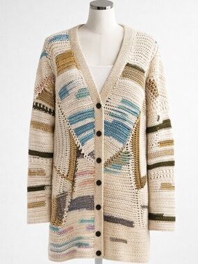 rag & bone Hearst Chunky Open-Knit Long Cardigan – Cream/Multi – Medium